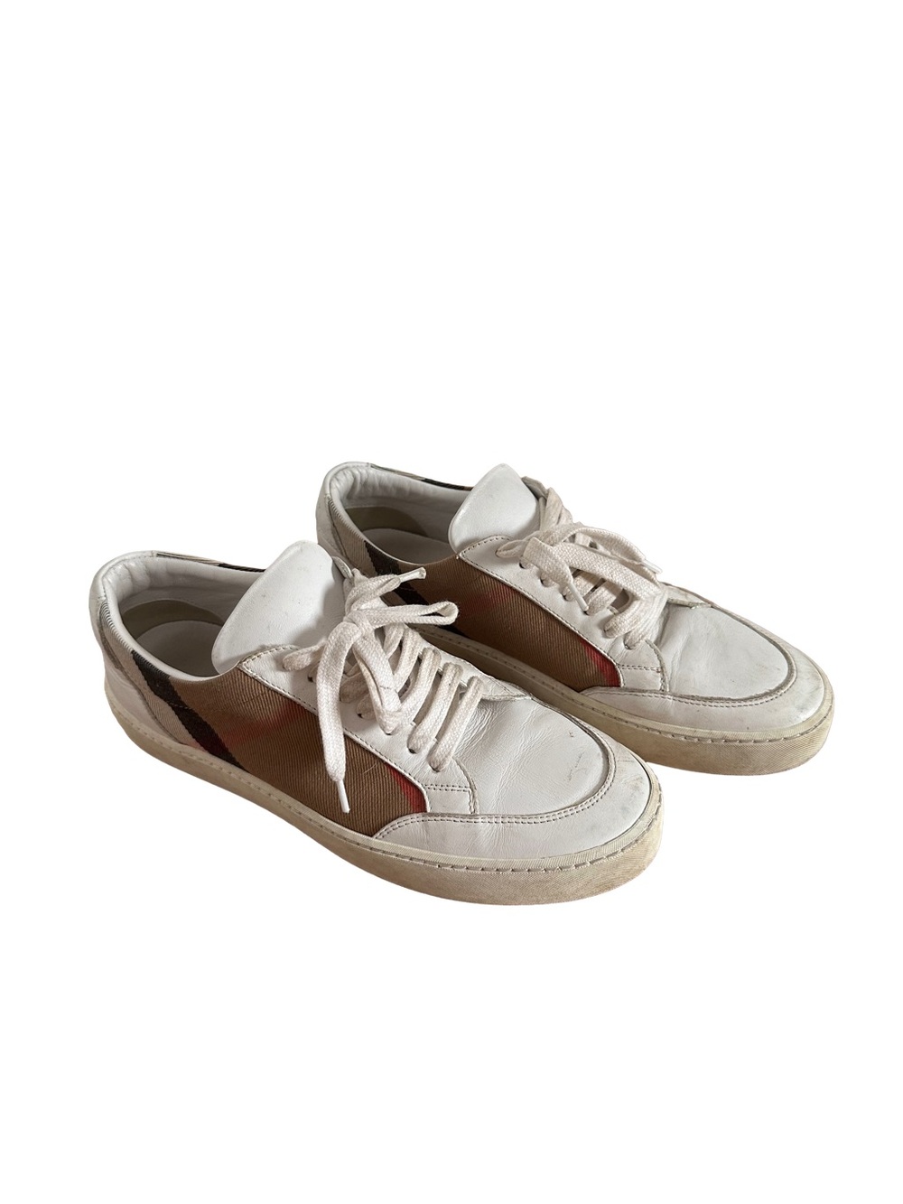 Burberry White Leather Sneakers with Red and Brown Side Panels